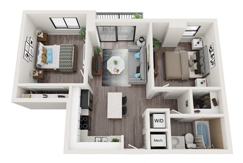 Floor plan for 2 beds, 1 bath, 735 sqft