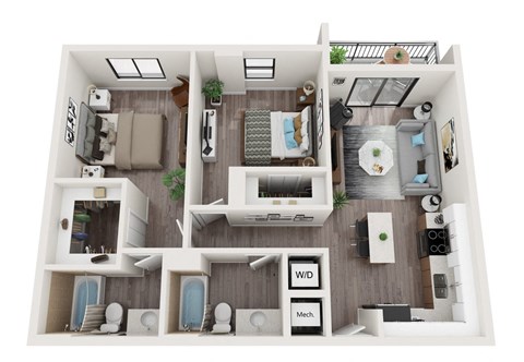 Floor plan for 2 beds, 2 baths, 905 sqft