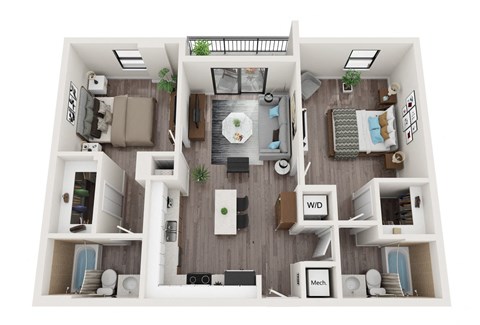 Floor plan for 2 beds, 2 baths, 905 sqft