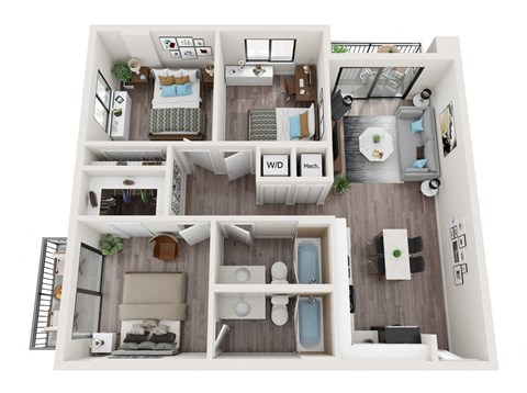 Floor plan for 2 beds, 2 baths, 980 sqft