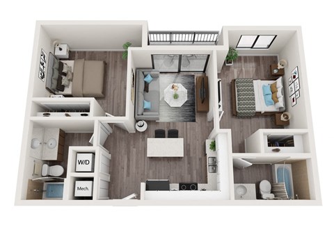Floor plan for 2 beds, 2 baths, 795 sqft