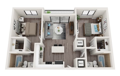 Floor plan for 2 beds, 2 baths, 800 sqft