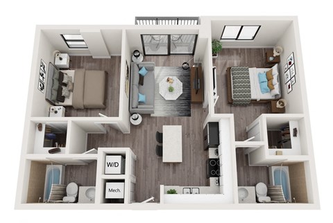 Floor plan for 2 beds, 2 baths, 807 sqft