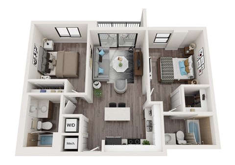 Floor plan for 2 beds, 2 baths, 820 sqft