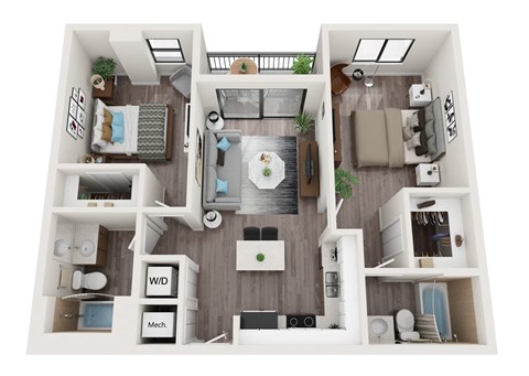 Floor plan for 2 beds, 2 baths, 845 sqft