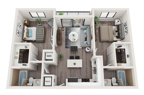 Floor plan for 2 beds, 2 baths, 850 sqft