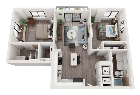 Floor plan for 2 beds, 2 baths, 850 sqft