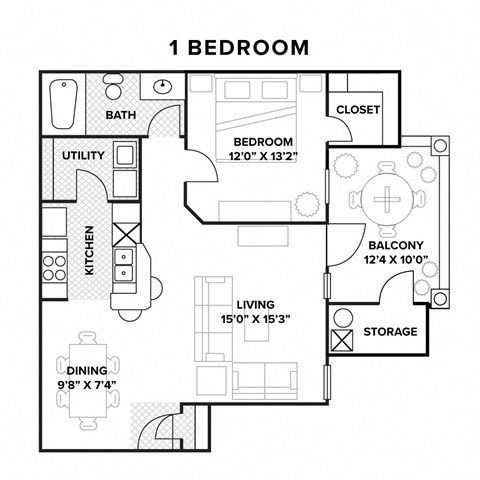 Floor plan for 1 bed, 1 bath, 946 sqft