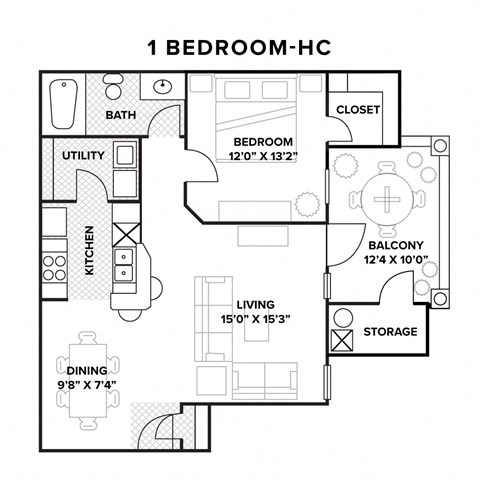 Floor plan for 1 bed, 1 bath, 949 sqft