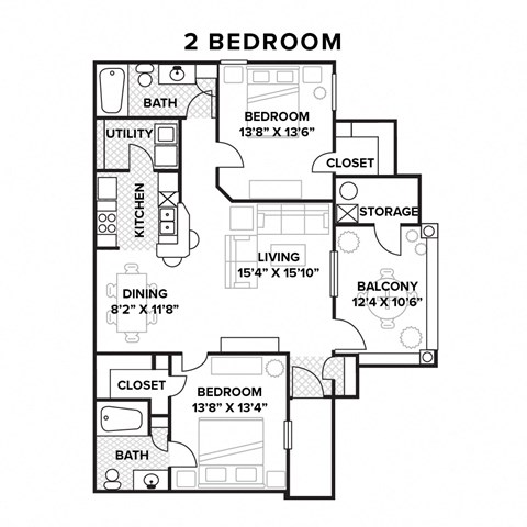 Floor plan for 2 beds, 2 baths, 1234 sqft