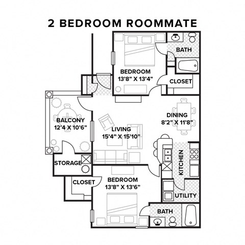 Floor plan for 2 beds, 2 baths, 1234 sqft