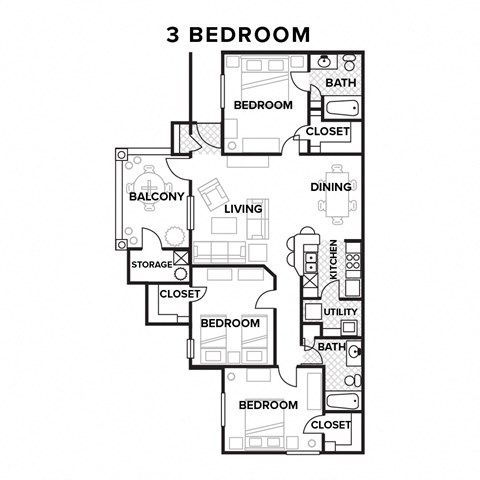 Floor plan for 3 beds, 2 baths, 1480 sqft