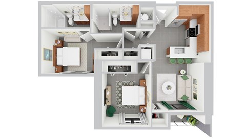 Floor plan for 2 beds, 2 baths, 834 sqft