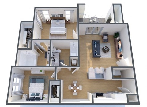 Floor plan for 2 beds, 2 baths, 990 sqft