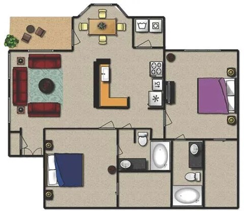 Floor plan for 2 beds, 2 baths, 1120 sqft