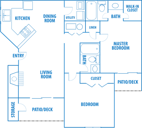 Floor plan for 2 beds, 2 baths, 1000 sqft