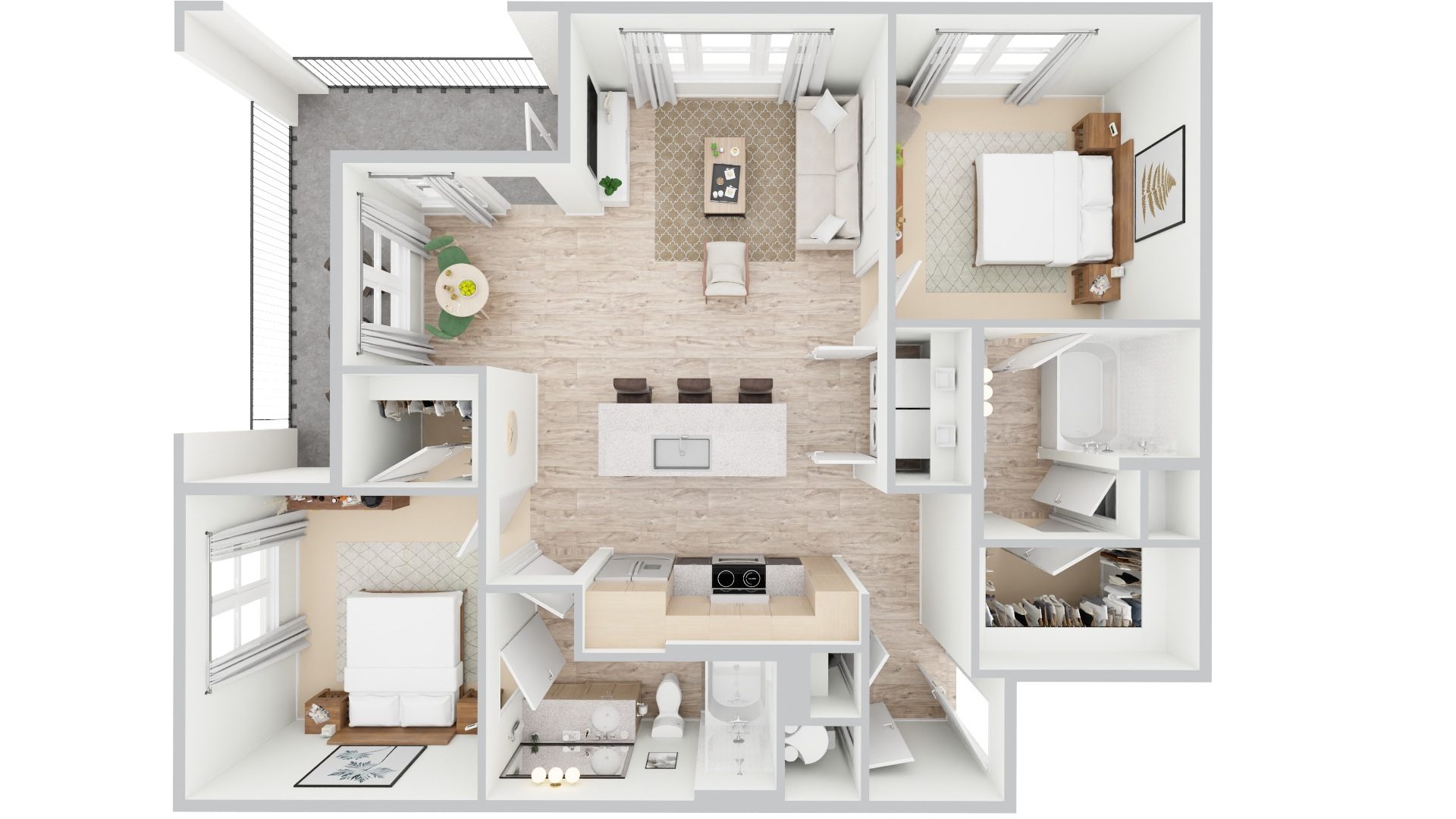 Floor plan for 2 beds, 2 baths, 1102 sqft