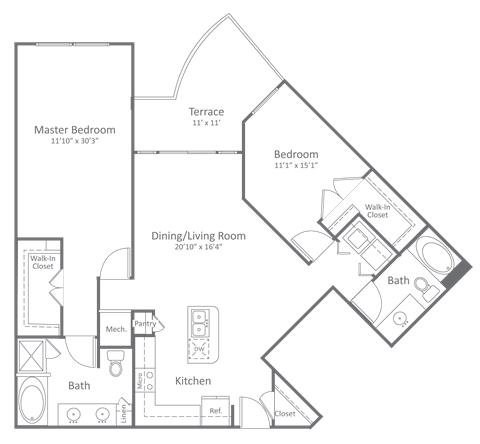 Floor plan for 2 beds, 2 baths, 1278 sqft