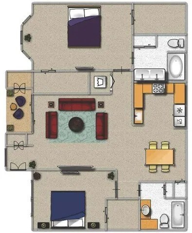 Floor plan for 2 beds, 2 baths, 1272 sqft