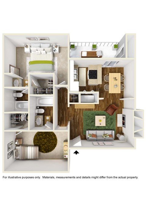 Floor plan for 2 beds, 2 baths, 987 sqft