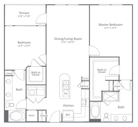 Floor plan for 2 beds, 2 baths, 1216 sqft