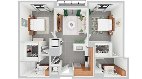 Floor plan for 2 beds, 2 baths, 941 sqft