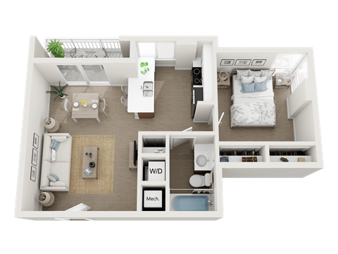 Floor plan for 1 bed, 1 bath, 630 sqft