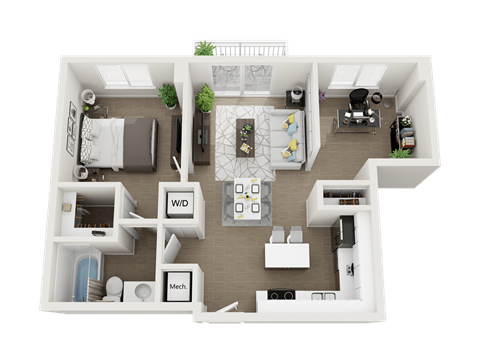 Floor plan for 1 bed, 1 bath, 730 sqft