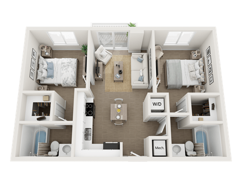 Floor plan for 2 beds, 2 baths, 816 sqft