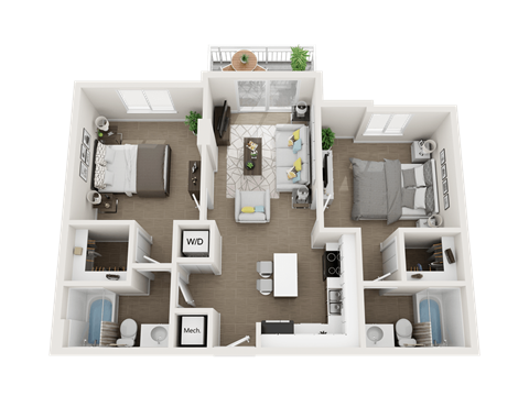 Floor plan for 2 beds, 2 baths, 854 sqft