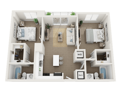 Floor plan for 2 beds, 2 baths, 900 sqft
