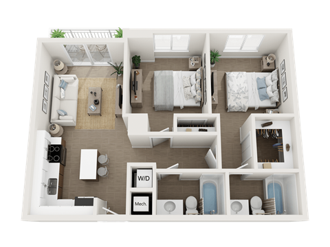Floor plan for 2 beds, 2 baths, 858 sqft