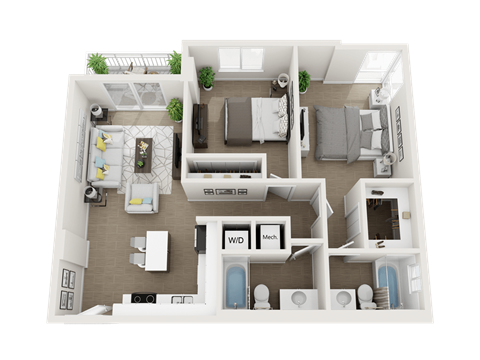 Floor plan for 2 beds, 2 baths, 941 sqft