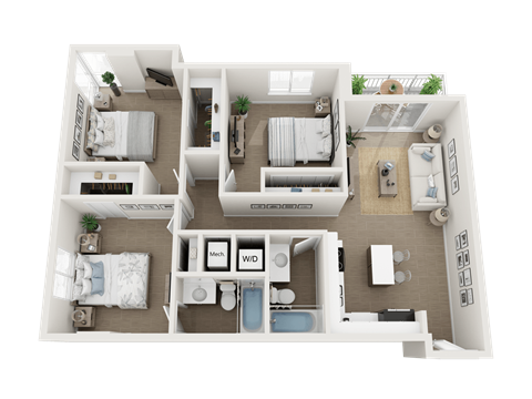 Floor plan for 3 beds, 2 baths, 1140 sqft