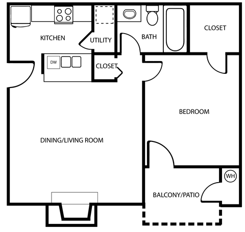 Floor plan for 1 bed, 1 bath, 620 sqft