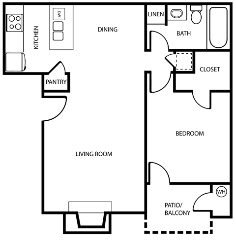 Floor plan for 1 bed, 1 bath, 650 sqft