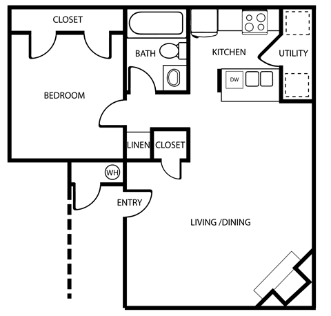Floor plan for 1 bed, 1 bath, 670 sqft