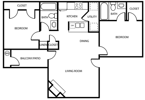 Floor plan for 2 beds, 2 baths, 845 sqft