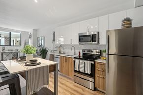 Palmetto Bay apartment for rent - A kitchen with stainless steel appliances and a dining table at Bay Village 1 Apartment in Palmetto Bay, FL