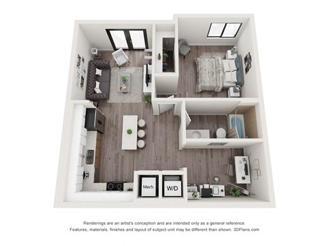 Floor plan for 1 bed, 1 bath, 734 sqft