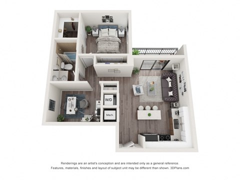 Floor plan for 1 bed, 1 bath, 725 sqft