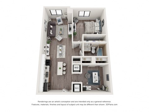 Floor plan for 1 bed, 1 bath, 820 sqft