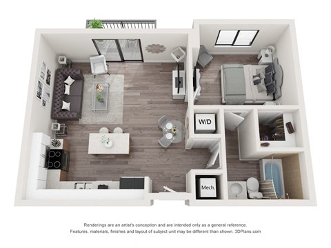 Floor plan for 1 bed, 1 bath, 650 sqft