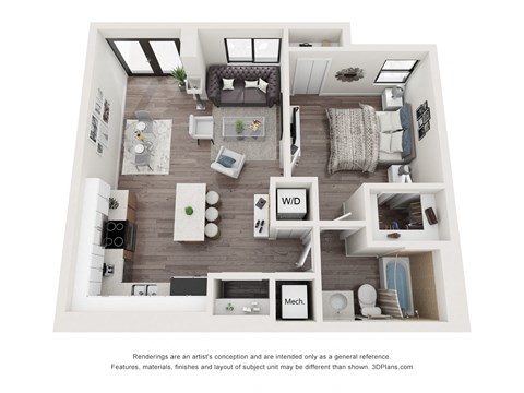 Floor plan for 1 bed, 1 bath, 650 sqft