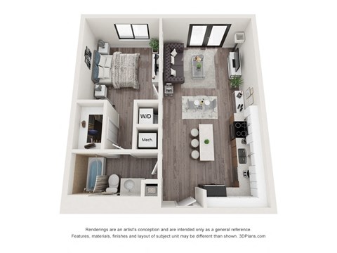 Floor plan for 1 bed, 1 bath, 650 sqft