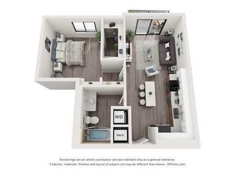 Floor plan for 1 bed, 1 bath, 650 sqft