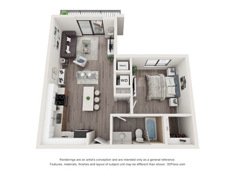 Floor plan for 1 bed, 1 bath, 650 sqft
