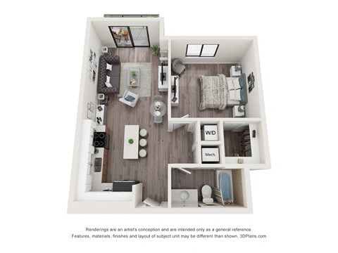Floor plan for 1 bed, 1 bath, 665 sqft