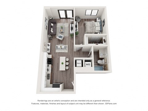 Floor plan for 1 bed, 1 bath, 690 sqft