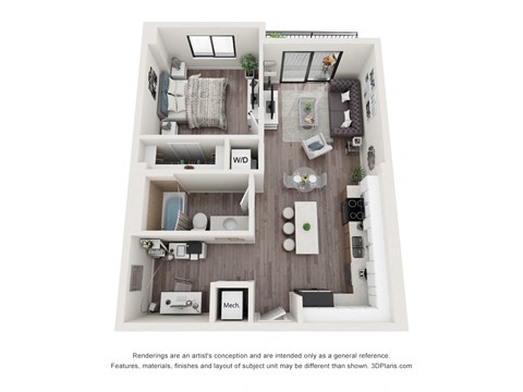 Floor plan for 1 bed, 1 bath, 649 sqft